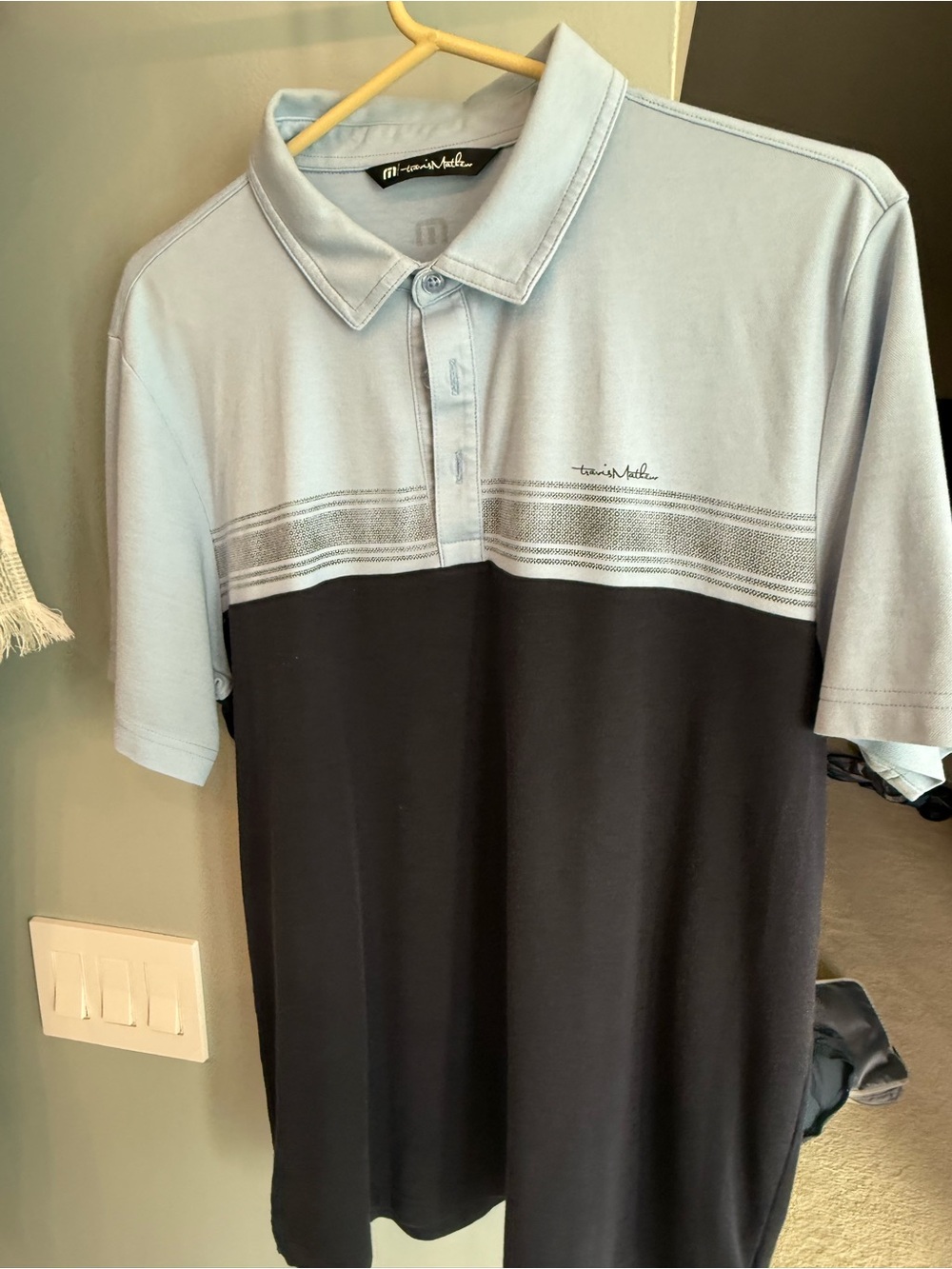 Travis Mathew Two-Tone Light and dark Blue Polo. Size Large.